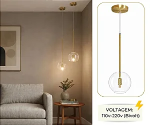 Luminária Pendente Moderno Lux Dourado Com Globo De 15cm Em Vidro Cristal Transparente + Led 3 Em 1 - Green Age 127/220v