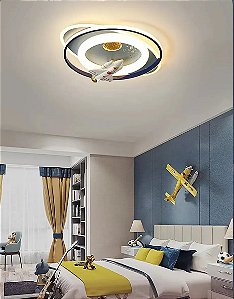 Luminária Plafon Sobrepor De Teto Azul Infantil Avião Foguete Orbital Led Moderna Quarto Menino Astronauta Espaço Planet