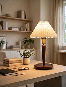 Luminária Abajur De Mesa Nogueira Plissado De Madeira Maciça Vintage Retrô Cabeceira Quarto Sala De Estar Estudo Leitura