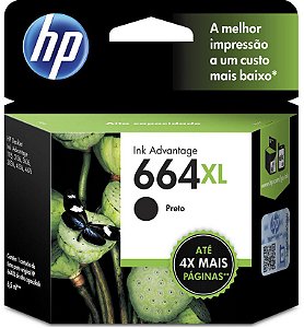 Cartucho de Tinta HP 664XL Preto Original (F6V31AB) Para HP DeskJet Ink Advantage 4535, 4675, 3835, 1115, 2135, 3635, 2675, 3775, 3785, 3787, 3789, HP - CX 1 UN