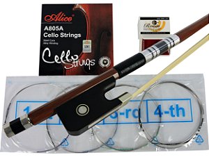 Arco para Violoncelo 4/4 Barth em Madeira Octogonal c/ Crina Animal - CB03-1A + Encordoamento Alice + Breu Rosin 602