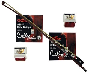 Arco para Violoncelo 4/4 Barth em Madeira Octogonal c/ Crina Animal - CB03-1A + 02-Encordoamento Alice + 02-Breu Rosin 602