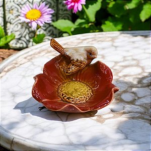 Saboneteira Flor Vermelha Pássaro em Cerâmica TB-90 C