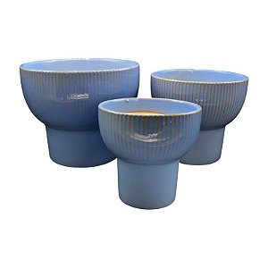 Kit 3Pçs Vasos Azuis Com Base E Relevo Vertical