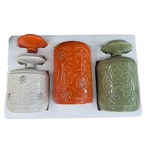 Conjunto com 3 Potes Decorativos com Tampa e Relevo SB-19