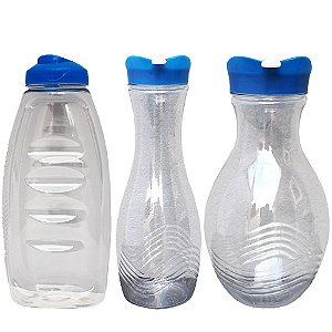 Kit com 3 Garrafas Transparente de Plastico PET e Tampa PP nas Medidas 1000, 1000 e 1500 ml - Cor: Azul