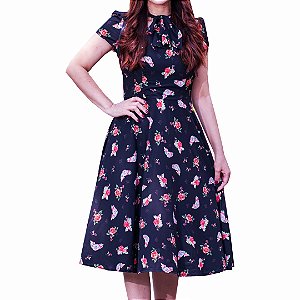 Vestido Feminino Midi Com Laço Florido Preto