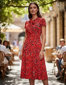 Vestido Feminino Midi Com Laço Vermelho Estampado