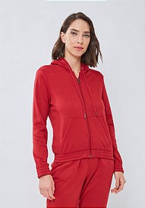 Casaco Moletom Flanelado Com Zíper e Capuz Bordo