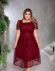 Vestido Tule Bolinha Bordo