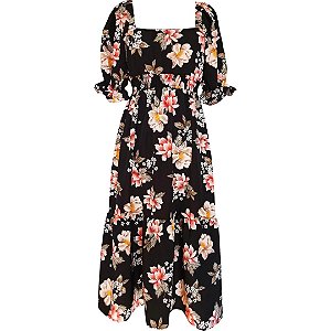 Vestido Lastex Florido Preto