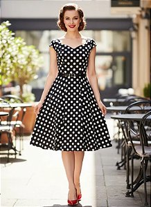 Vestido Poá Feminino Midi Godê De Bolinha Preto