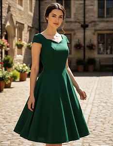 Vestido Feminino Midi Decote Princesa Verde Escuro Linho