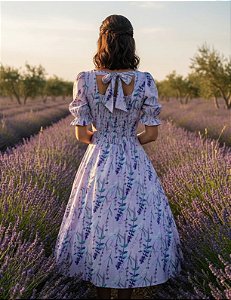 Vestido Feminino Lilás Lavanda Manga Princesa Midi Lindo