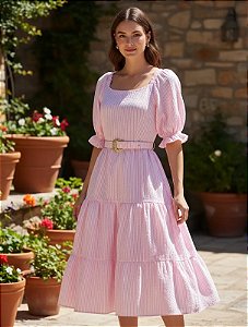 Vestido 3 Marias Listrado Rosa Lastex Com Cinto
