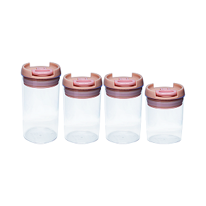 KIT 4 POTES DE PLÁSTICO TRANSPARENTES HERMÉTICOS REDONDO - ROSA