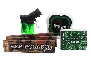 Kit 3 Sedas Bem Bolado Brown + Piteiras Girls in Green + Isqueiro + Dichavador Kings