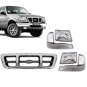 Kit Farol Grade Cromada Pisca Cristal Ford Ranger 1998 a 2003