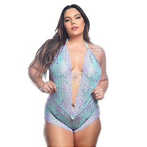 BODY EM RENDA BICOLOR VERDE AGUA COM LILAS PLUS SIZE
