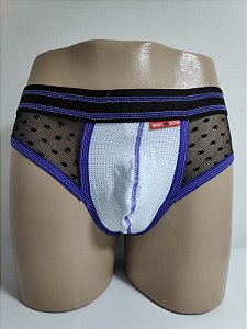 CUECA JOCK STRAPY BRANCA DETALHES ROXO E RENDÃO EM POA FRANTZ DESIGN