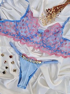 CONJUNTO PERSONALIZAVEL FIO DUPLO EM TULE COM CORAÇÃO AZUL COM ROSA