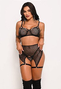 CONJUNTO COM CINTA LIGA TODO EM ARRASTÃO PRETO Y7130