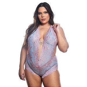BODY EM RENDA BICOLOR AZUL CLARO COM ROSA CLARO PLUS SIZE