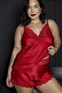 BABY DOLL LUXO EM CETIM E RENDA VERMELHO