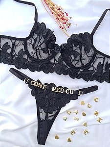 CONJUNTO PERSONALIZAVEL FIO BORBOLETA EM TULE COM PETALA PRETO
