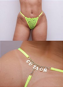 CALCINHA EM RENDA FIO COM STRASS ESCRITA AMARELO NEON