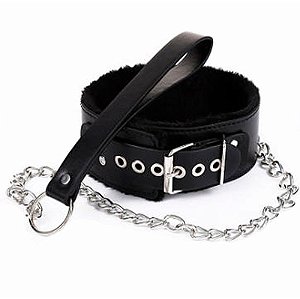 COLEIRA COM PELÚCIA E GUIA COM CORRENTE