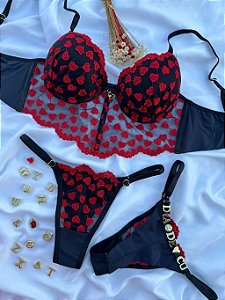CONJUNTO PERSONALIZAVEL CROPPED TULE BORDADO CORAÇÃO PRETO COM VERMELHO