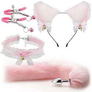 KIT RAPOSA ROSA 6 - TIARA + PLUG CAUDA + COLEIRA + GRAMPO DE MAMILO