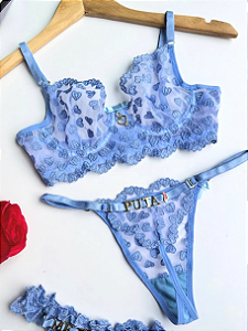 CONJUNTO PERSONALIZAVEL FIO BORBOLETA EM TULE COM CORAÇÃO AZUL MISTICO