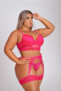 CONJUNTO LUXO CROPPED COM BOJO E CINTA LIGA PINK PLUS SIZE