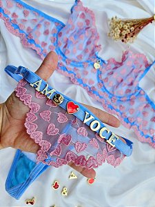 CONJUNTO PERSONALIZAVEL FIO BORBOLETA EM TULE COM CORAÇÃO AZUL COM ROSA