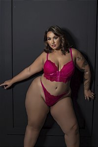 CONJUNTO LUXO CROPPED COM BOJO FEITO EM TULE E RENDA E ELÁSTICO PINK PLUS SIZE