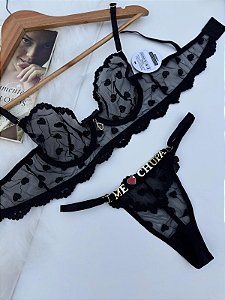 CONJUNTO PERSONALIZAVEL FIO BORBOLETA EM TULE COM CORAÇÃO PRETO 2