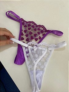 CALCINHA EXTRA FIO COM TRIANGULO EM TULE COM BORADO DE CORAÇÃO