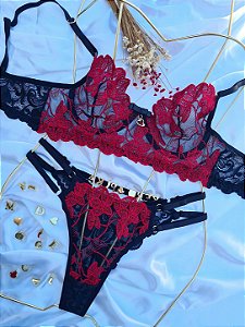 CONJUNTO PERSONALIZAVEL REGULAGEM DUPLA EM RENDA E TULE ILUSION COM PETALA PRETO COM VERMELHO