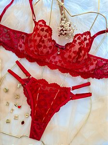 CONJUNTO PERSONALIZAVEL EM TULE COM CORAÇÃO E RENDA VERMELHO