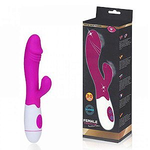 VIBRADOR RECARREGÁVEL FEMALE COM ESTIMULADOR CLITORIANO 30 MODOS DE VIBRAÇÃO E DETALHE DE GLANDE