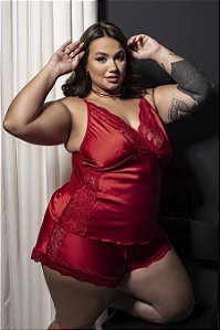 BABY DOLL LUXO EM CETIM E RENDA VERMELHO PLUS SIZE