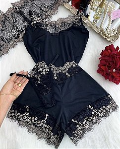 BABY DOLL LUXO ENCANTO + CALCINHA "PRETO COM DOURADO"