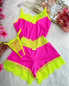 BABY DOLL LUXO ENCANTO + CALCINHA "ROSA NOEN COM AMARELO NEON"