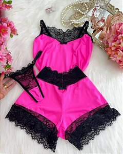 BABY DOLL LUXO ENCANTO + CALCINHA "ROSA NEON COM PRETO"