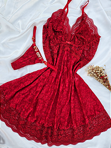 CAMISOLA RENDA FLORAL + FIO PERSONALIZAVEL VERMELHO