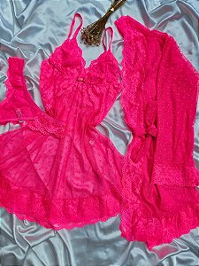 ROBE EM TULE POA CORAÇÃO COM RENDA ROSA NEON