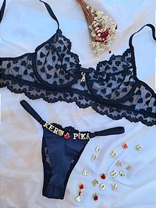 CONJUNTO PERSONALIZAVEL FIO DUPLO EM TULE COM CORAÇÃO PRETO