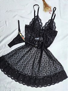 CAMISOLA EM TULE POA CORAÇÃO E RENDA + FIO PERSONALIZAVEL PRETO